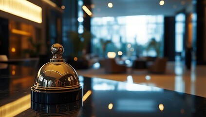 Hotel Reception Desk with Elegant Gold Service Bell, Reflecting Modern Lobby Ambiance and Luxurious Interior Design.