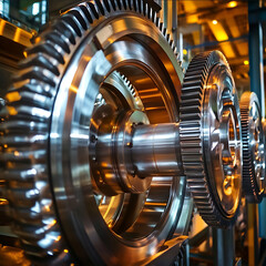 a factory with big vertical wheels and gears that are metal clean chrome and highly reflective natural warm lighting entering factory through the window from a nea