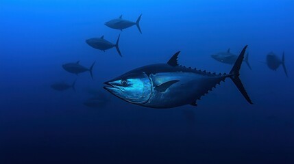 Naklejka premium Several large fish swimming together underwater in deep ocean water