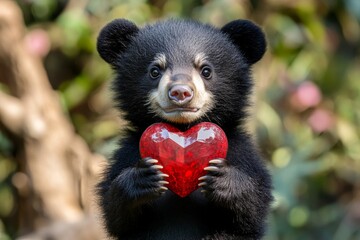 Obraz premium Himalayan black bear - my desired animal. Digital ads animal idea pattern. Cute himalayan black bear baby with diamond red heart on in a natural habitat. Valentine's day forest scene.