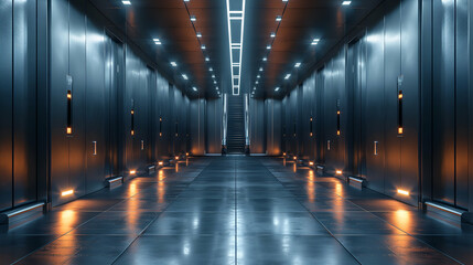Futuristic Elevator Corridor Dark Steel Doors, Blue Space for Modern Architecture