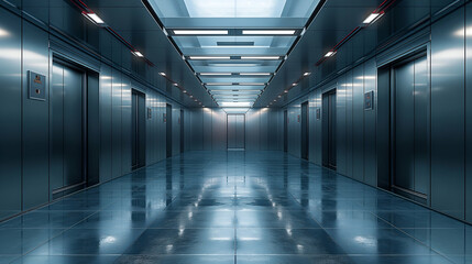 Sleek Elevator Hallway Polished Floors, Metal Walls for Luxury Building Design