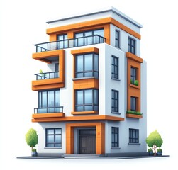 Obraz premium Viewing Modern Apartment Building with Balconies and Trees on White Background
