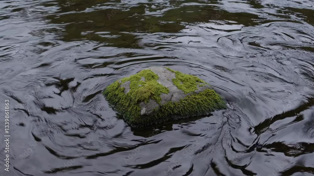 Aufkleber water flows around a mossy rock in a stream, creating ripples and disturbances in the smooth surface