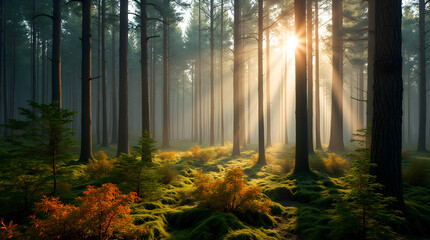 Fototapeta premium Magical Serene Forest Landscape Golden Sunlight Beams Through Tall Trees & Mossy Ground Misty Woods