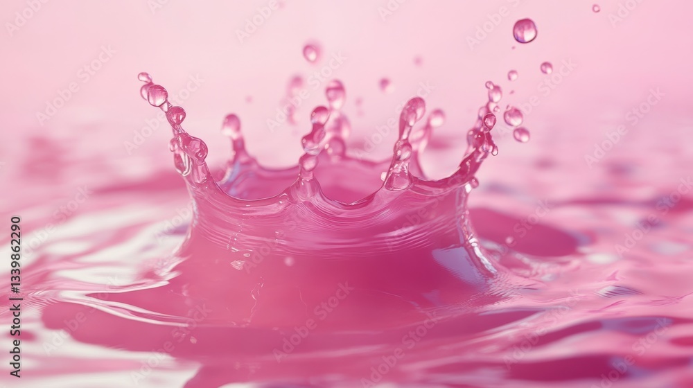 Poster pink water splash creating a crown shape, isolated on soft background. abstract art.