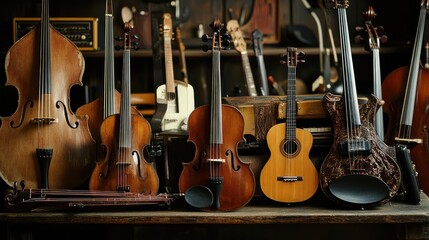Naklejka premium A Collection of Stringed Instruments, Including a Double Bass, Violins, and a Guitar