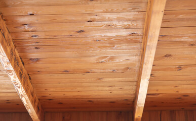wood beam ceiling, red bricks pattern and wall on background.