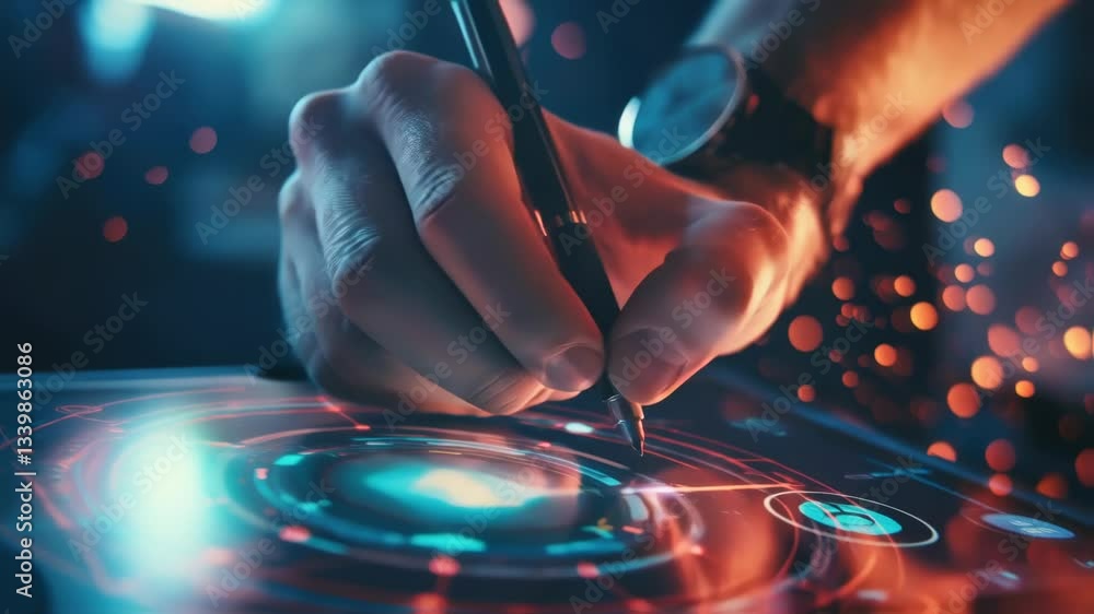 Poster male designer manipulating stylus on transparent digital tablet, creating futuristic interface with 