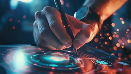 Male designer manipulating stylus on transparent digital tablet, creating futuristic interface with glowing icons and data visualizations in dimly lit environment with colorful bokeh - Powered by Adobe