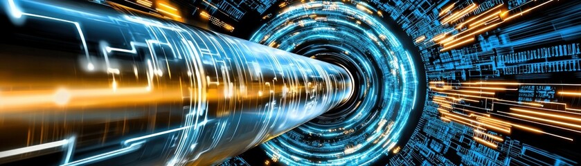 A futuristic digital tunnel representing technological data transfer and connections
