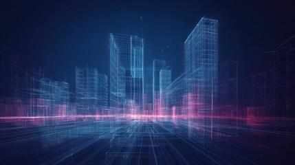 Fototapeta premium Digital city, futuristic architecture, wireframe, urban design, abstract cityscape, background, illustration, technology
