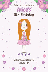 Invitation Children's birthday Alice 5 years old, party, princess in a pink dress with flowers
