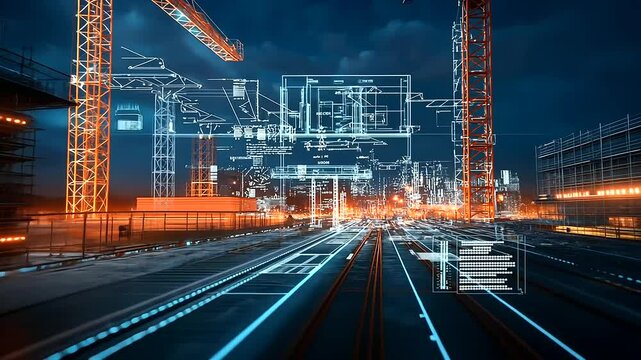 A futuristic construction site with smart dust filtration systems, digital indicators showing air pollution reduction in real time.