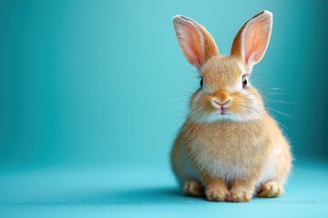 Fototapeta premium Easter Stuffed Rabbit and Bunny Toy with Blue Pastel Tablecloth Background