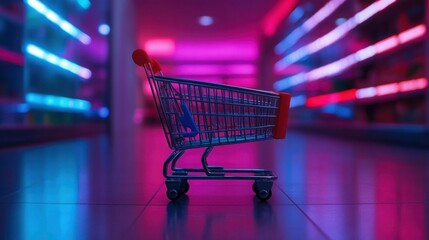 Empty Shopping Cart in Neon Lit Supermarket Aisle Retail Concept