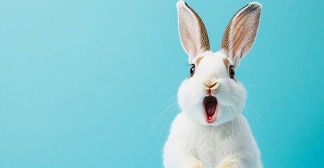 Obraz premium White rabbit with a shocked expression on a blue background.