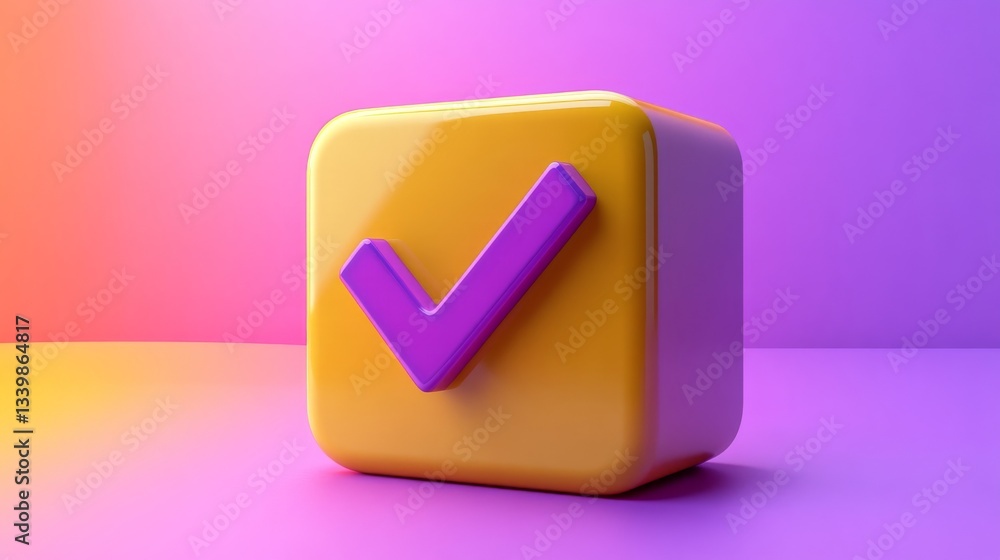 Leinwandbilder yellow cube with purple checkmark on gradient background, 3d rendering design
