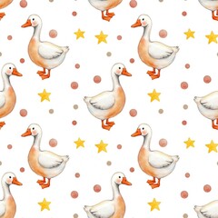 Watercolor seamless pattern with geese, stars, and polka dots. Isolated on a white background. Hand-drawn clipart. Perfect for cards, fabric, tags, invitations, printing, and wrapping.