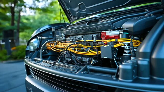 Close-up of a hybrid vehicle&rsquo;s power electronics module, with insulated wiring, cooling elements, and microcontrollers handling energy flow.