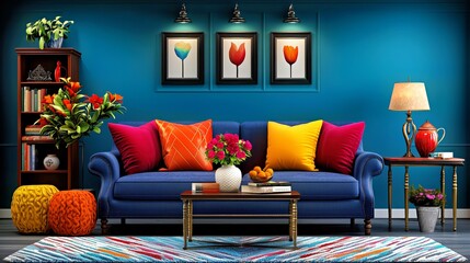 Colorful living room with blue sofa, vibrant cushions, and decorative elements in stylish interior design