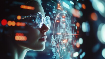 Woman wearing futuristic glasses interacting with digital data interface holographic display