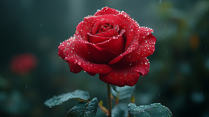 Red Rose with Dew Drops in Rain, Rain-Kissed Red Rose in Bloom, Close-Up of a Red Rose with Dew Drops in a Romantic Rainy Setting, Beautiful Red Rose, with generative ai