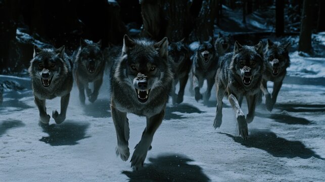 A pack of wolves running towards the viewer in the snow