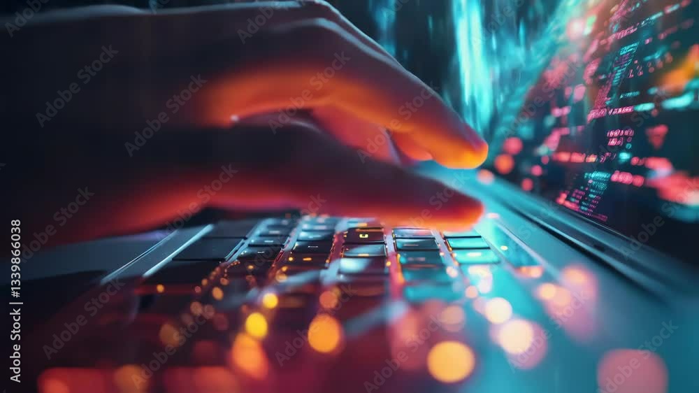 Aufkleber fast moving colorful bokeh lights illuminate programmer's hands typing code on laptop keyboard in da