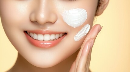 A smiling person applying cream onto their face with fingers