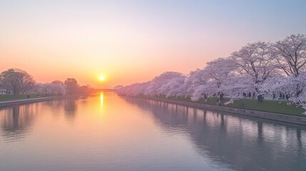 Fototapeta premium Serene Sunrise over Cherry Blossom Canal