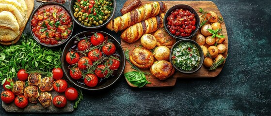 Fototapeta premium Bountiful Kitchen Fresh Ingredients Delicious Meals Colorful Vegetables Tomatoes Carrots Onions Garlic