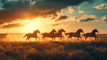 The  horses running across the steppe at sunset, with a dramatic sky.