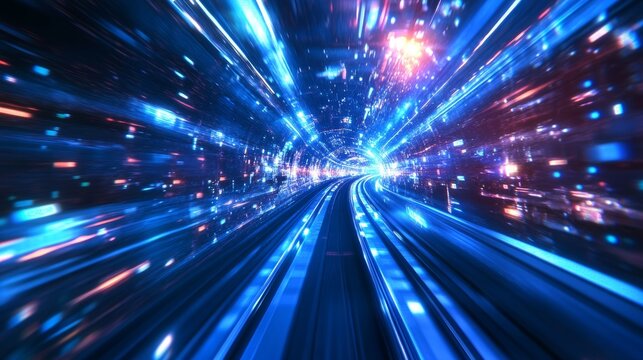High-speed train tunnel in motion, illuminated with blue lights and holographic wireframe lines. High-speed travel concept. - Powered by Adobe
