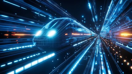 High-speed train in motion, illuminated with blue lights and holographic wireframe lines. High-speed travel concept.