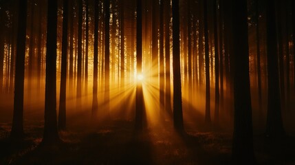Obraz premium Sunbeams shining through the trees in a dense atmospheric forest