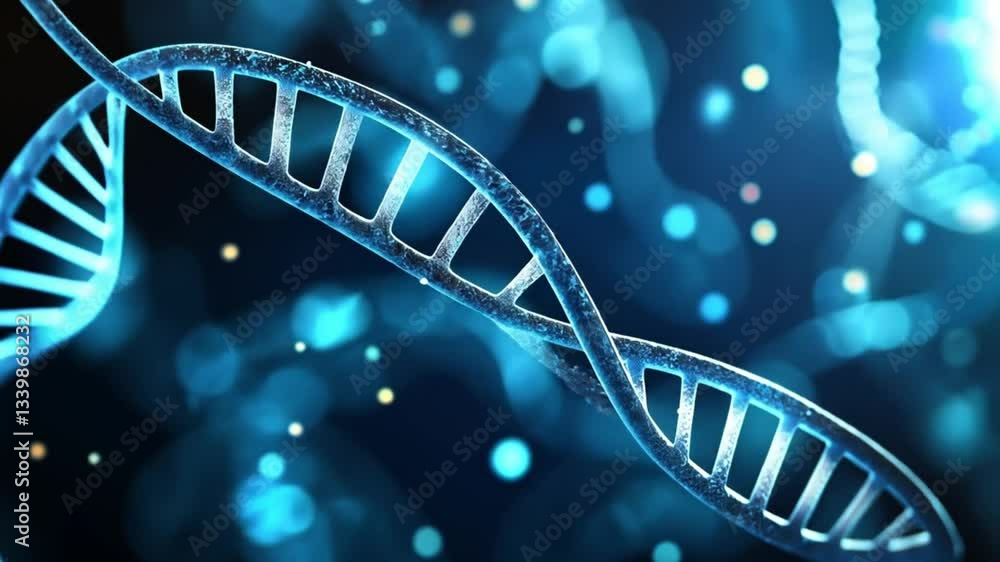 Poster close-up view of a dna double helix structure with glowing particles