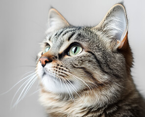 Close-up of a gray tabby cat sitting on the ground and looking up.