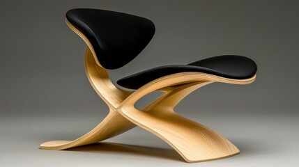 Obraz premium Elegant modern chair featuring a curved wooden frame and black seat
