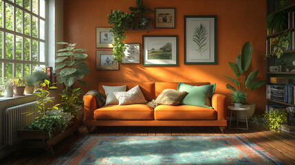 Orange Sofa Living Room Rustic Vintage Design, Sunlit Plants for Cozy Warm Decor