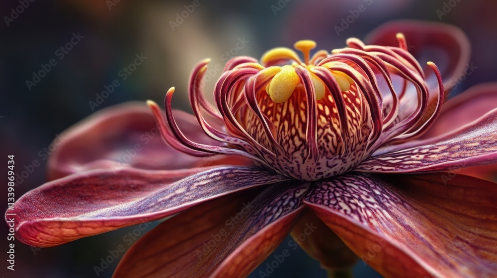 Poster captivating close-up view of a delicate red flower showcasing intricate details of its petals and ce