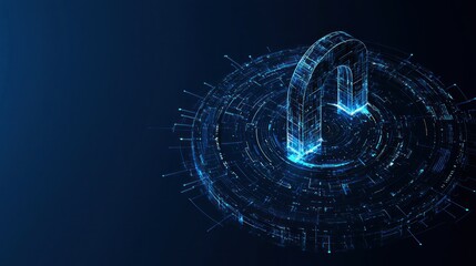 A glowing blue magnetic field symbol surrounded by technology elements