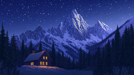 Fototapeta premium Serene winter night in cozy mountain cabin under starry sky. concept of tranquility, winter retreat, nature's beauty, and peaceful isolation