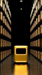 A futuristic illuminated box in a dark warehouse environment
