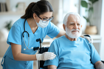 A compassionate healthcare worker provides care and support to an elderly patient in a modern medical facility, showcasing the importance of kindness in patient care.