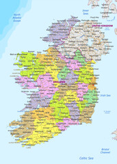 This detailed map of Ireland showcases its counties and major cities. The map is color-coded, with each county represented by a distinct color. The map includes major roads and highways.