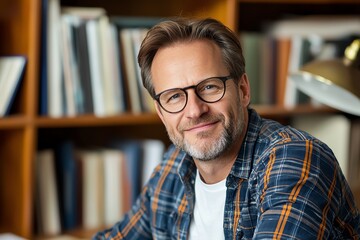 A confident mature man with glasses smiles warmly at the camera, showcasing his friendliness
