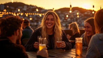 A group of friends are enjoying drinks at sunset outdoors