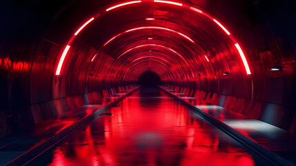 Futuristic underground tunnel with red neon lights and reflections on wet surface. Silent Underground. Illustration