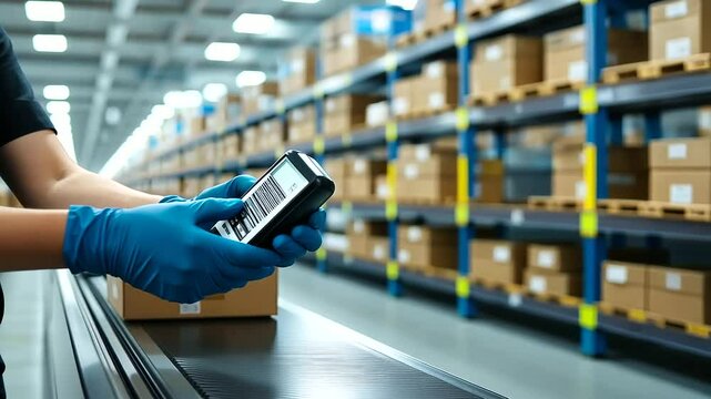 A worker wearing protective gloves scans a barcode on a package as it moves along a conveyor belt, ensuring accurate inventory tracking in a busy distribution center.
